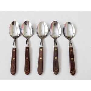 5 VTG Washington Forge TOWN & COUNTRY 7" Oval Soup Place Spoon WOOD HANDLE USA